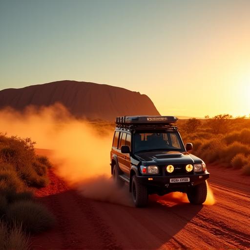 A 4x4 vehicle driving on a dusty red road towards Uluru at sunset.