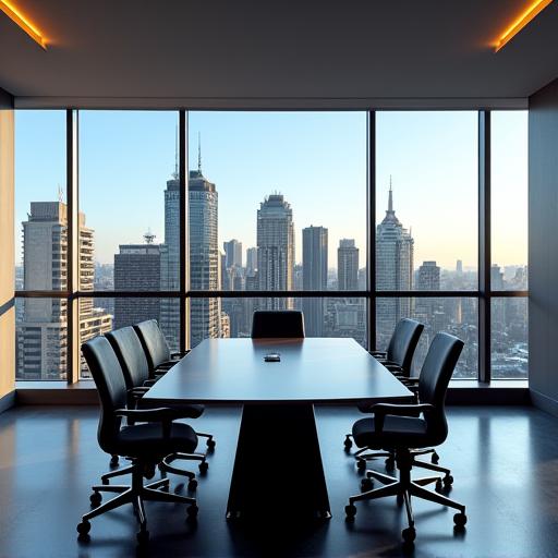 A modern corporate meeting room overlooking the Melbourne city skyline.