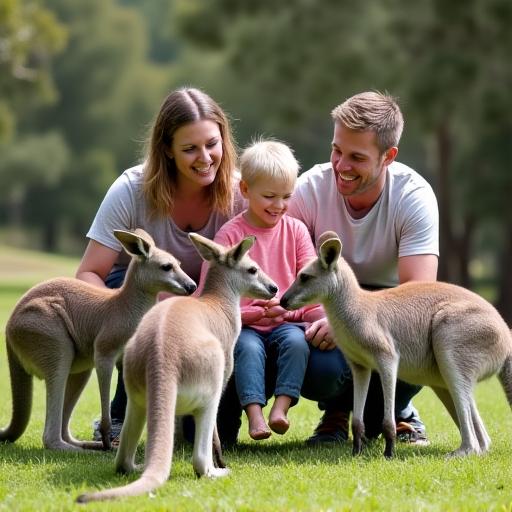 A happy family feeding kangaroos at a wildlife sanctuary.
