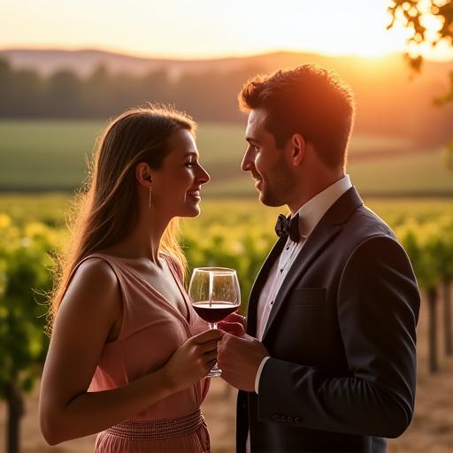 A couple enjoying a wine tasting at a luxury vineyard in the Barossa Valley.